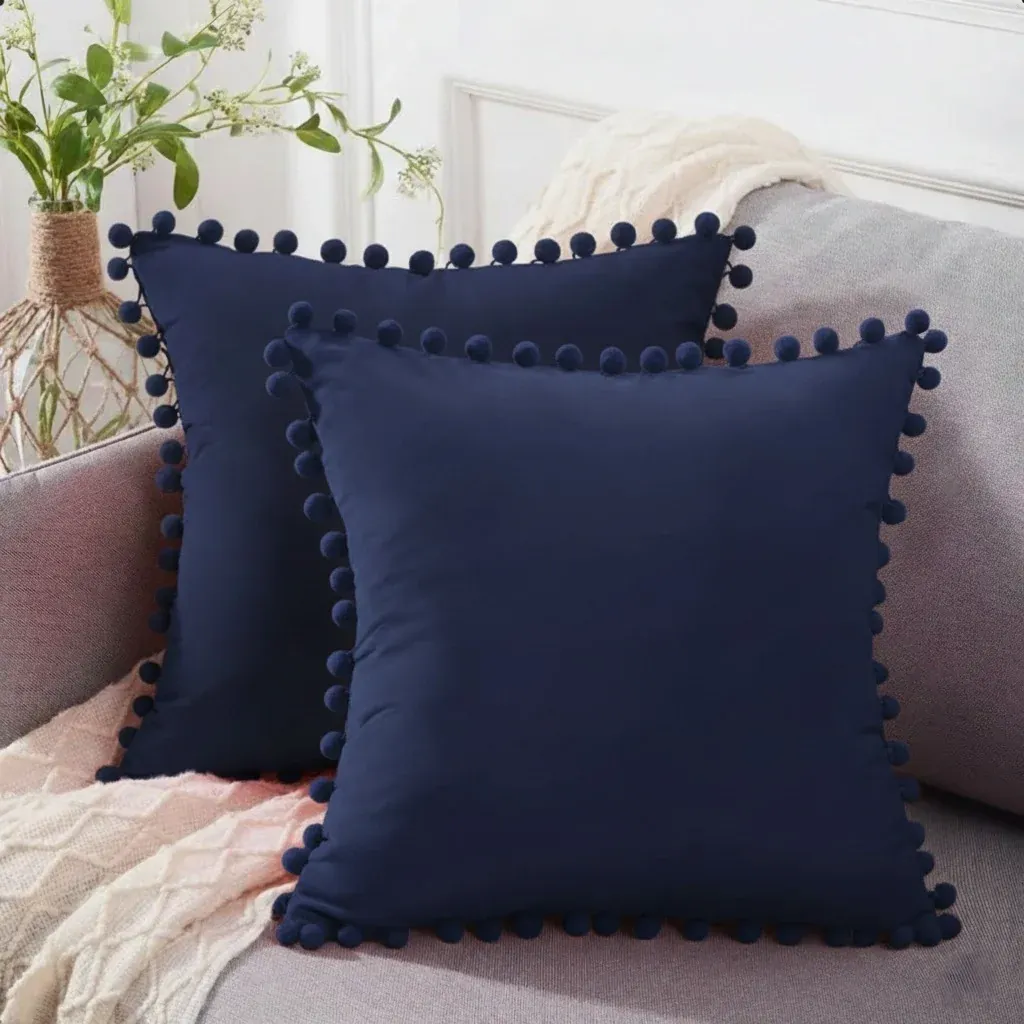 Navy Pack of 2 Pom Pom Lace Cushions 18×18 Inches lamzeen Pack of 2 pom pom lace cotton cushion covers 18x18 inches with optional filling