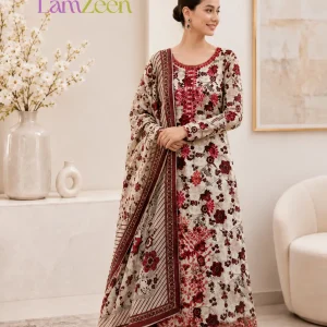 Off-white maroon floral printed embroidered linen unstitched 3-piece suit with bordered dupatta for women