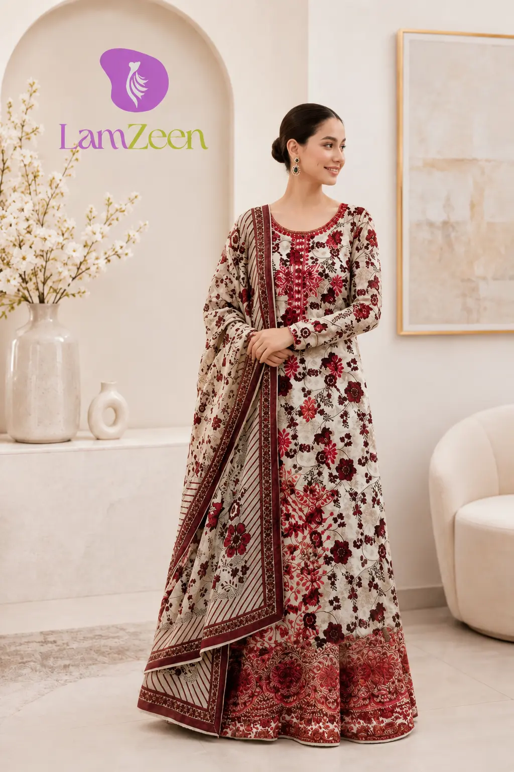 Off-white maroon floral printed embroidered linen unstitched 3-piece suit with bordered dupatta for women