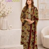 Olive green maroon floral embroidered 3 piece lawn suit | LamZeen