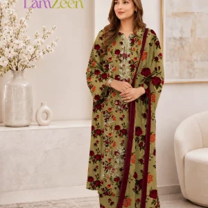 Olive green maroon floral embroidered 3 piece lawn suit | LamZeen