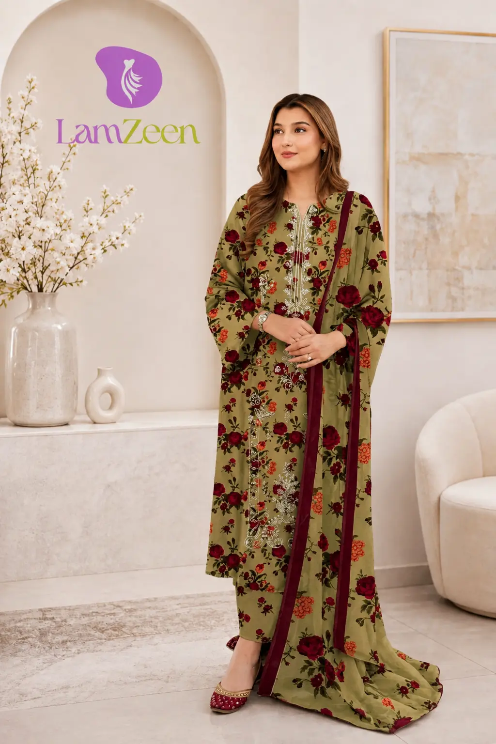 Olive green maroon floral embroidered 3 piece lawn suit | LamZeen