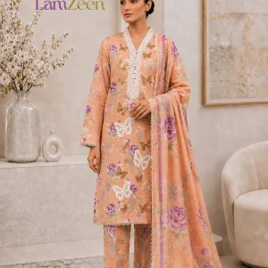 Peach Floral Butterfly Embroidered Lawn 3 Piece Suit | LamZeen