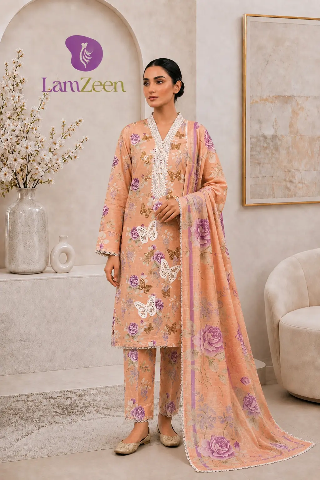 Peach Floral Butterfly Embroidered Lawn 3 Piece Suit | LamZeen