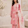 Pink butterfly floral embroidered 3 piece lawn suit with chiffon dupatta | LamZeen