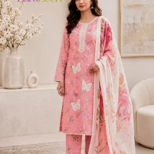 Pink butterfly floral embroidered 3 piece lawn suit with chiffon dupatta | LamZeen