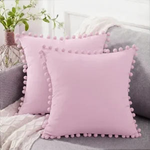 Pack of 2 pom pom lace cotton cushion covers 18x18 inches with optional filling