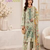 Pistachio green floral printed embroidered linen unstitched 3-piece suit with vibrant printed dupatta for women