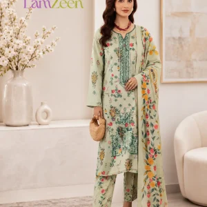 Pistachio green floral printed embroidered linen unstitched 3-piece suit with vibrant printed dupatta for women