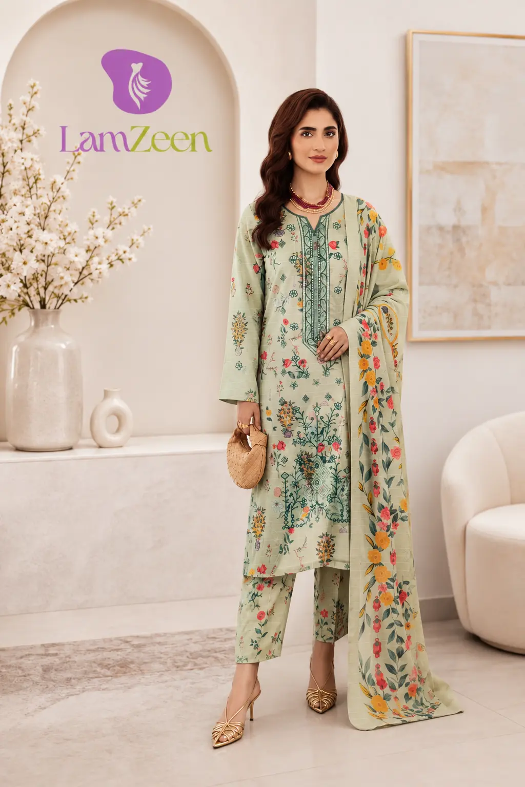 Pistachio green floral printed embroidered linen unstitched 3-piece suit with vibrant printed dupatta for women
