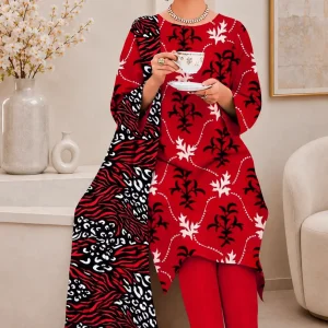 Red Black Printed Lawn 3 Piece Unstitched Suit with Animal Print Lawn Dupatta | LamZeen