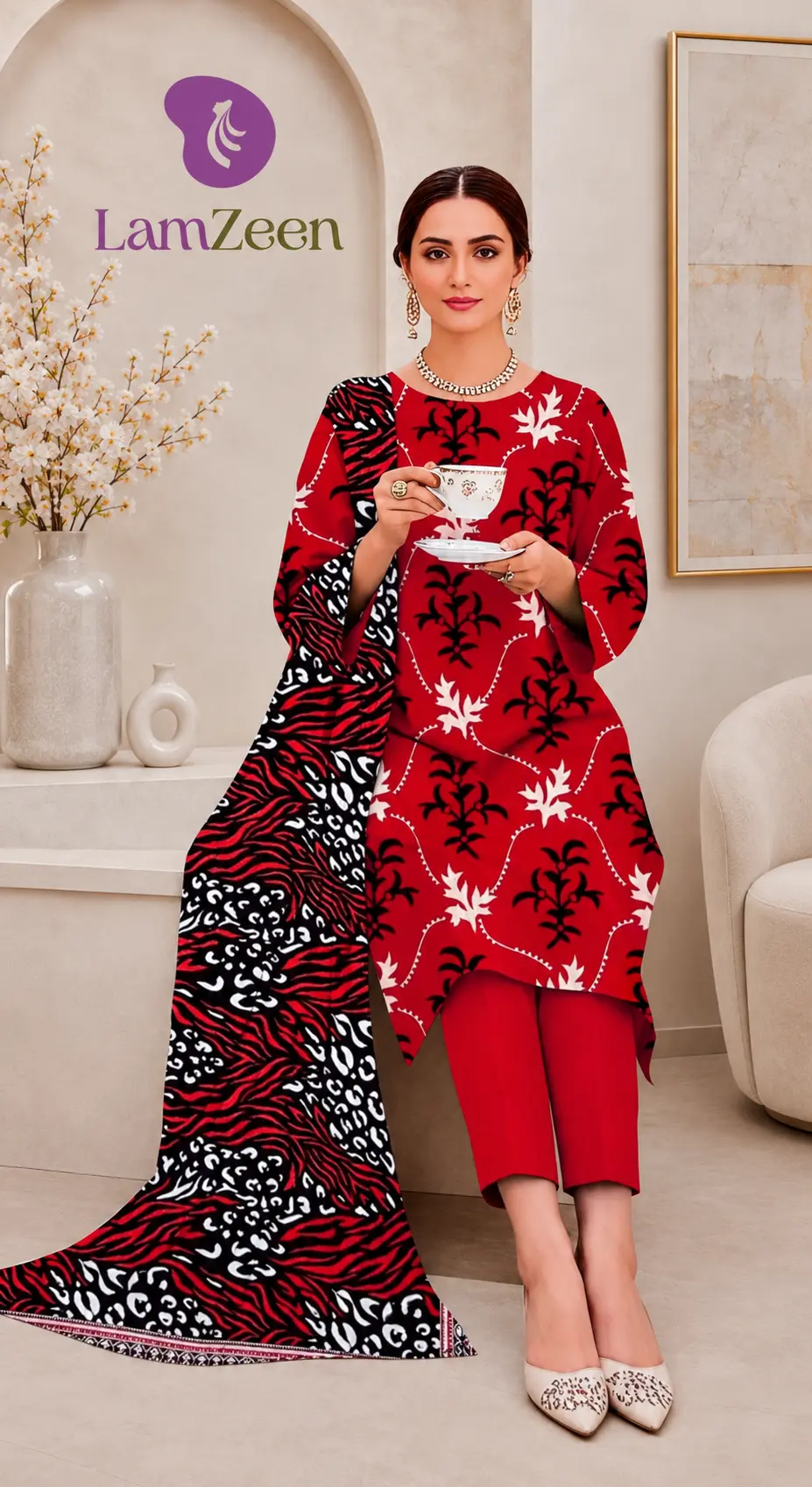 Red Black Printed Lawn 3 Piece Unstitched Suit with Animal Print Lawn Dupatta | LamZeen