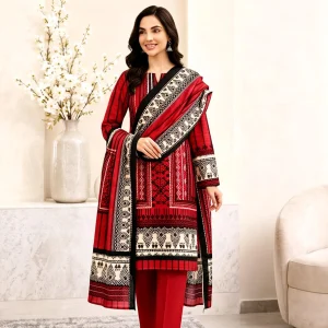Red Doria Lawn 3 Piece Unstitched Suit with Printed Doria Lawn Shirt, Plain Lawn Trouser and Printed Lawn Dupatta – LamZeen