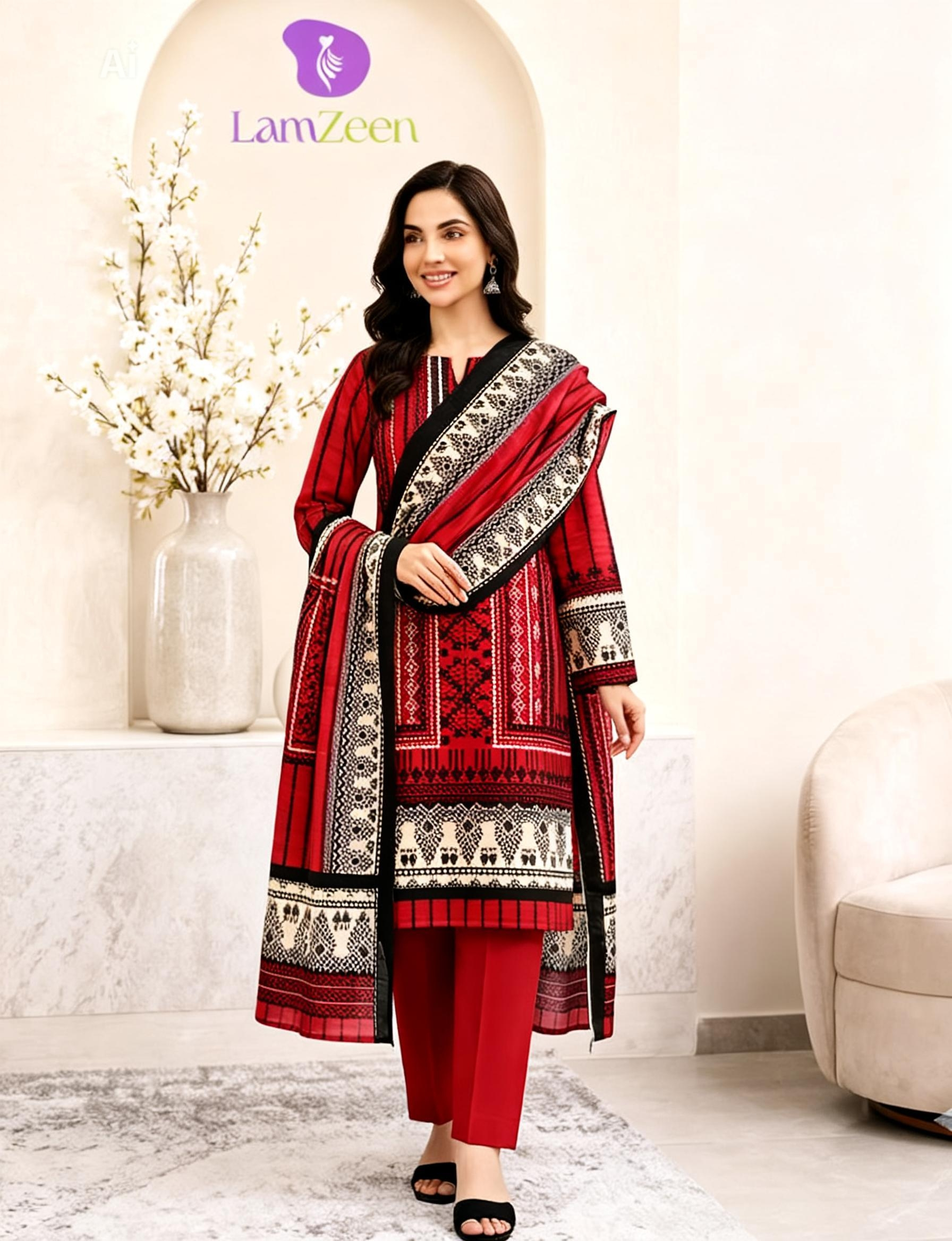 Red Doria Lawn 3 Piece Unstitched Suit with Printed Doria Lawn Shirt, Plain Lawn Trouser and Printed Lawn Dupatta – LamZeen