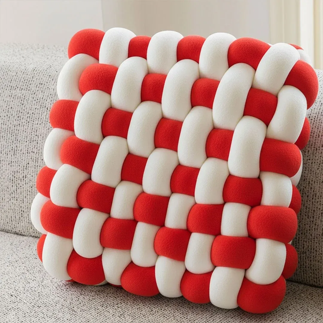 Red Dual Tone Velvet Bubble Weave Braided Cushion Lamzeen Dual tone velvet braided cushion with white contrast in navy, maroon, black, bronze, red and grey