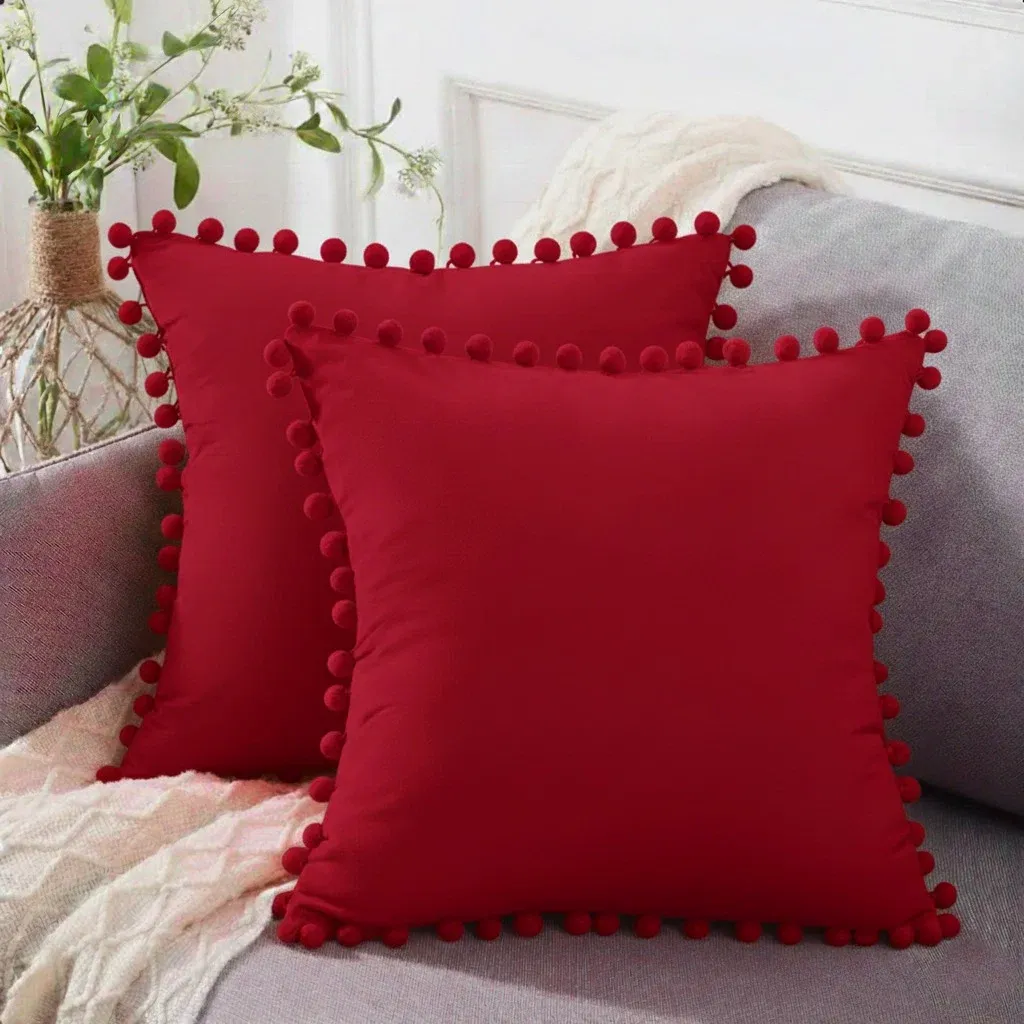 Red Pack of 2 Pom Pom Lace Cushions 18×18 Inches lamzeen Pack of 2 pom pom lace cotton cushion covers 18x18 inches with optional filling