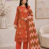 Rust Orange Floral Lawn 3 Piece Unstitched Suit with Chevron Lawn Dupatta | LamZeen