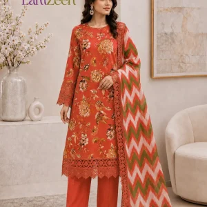 Rust Orange Floral Lawn 3 Piece Unstitched Suit with Chevron Lawn Dupatta | LamZeen