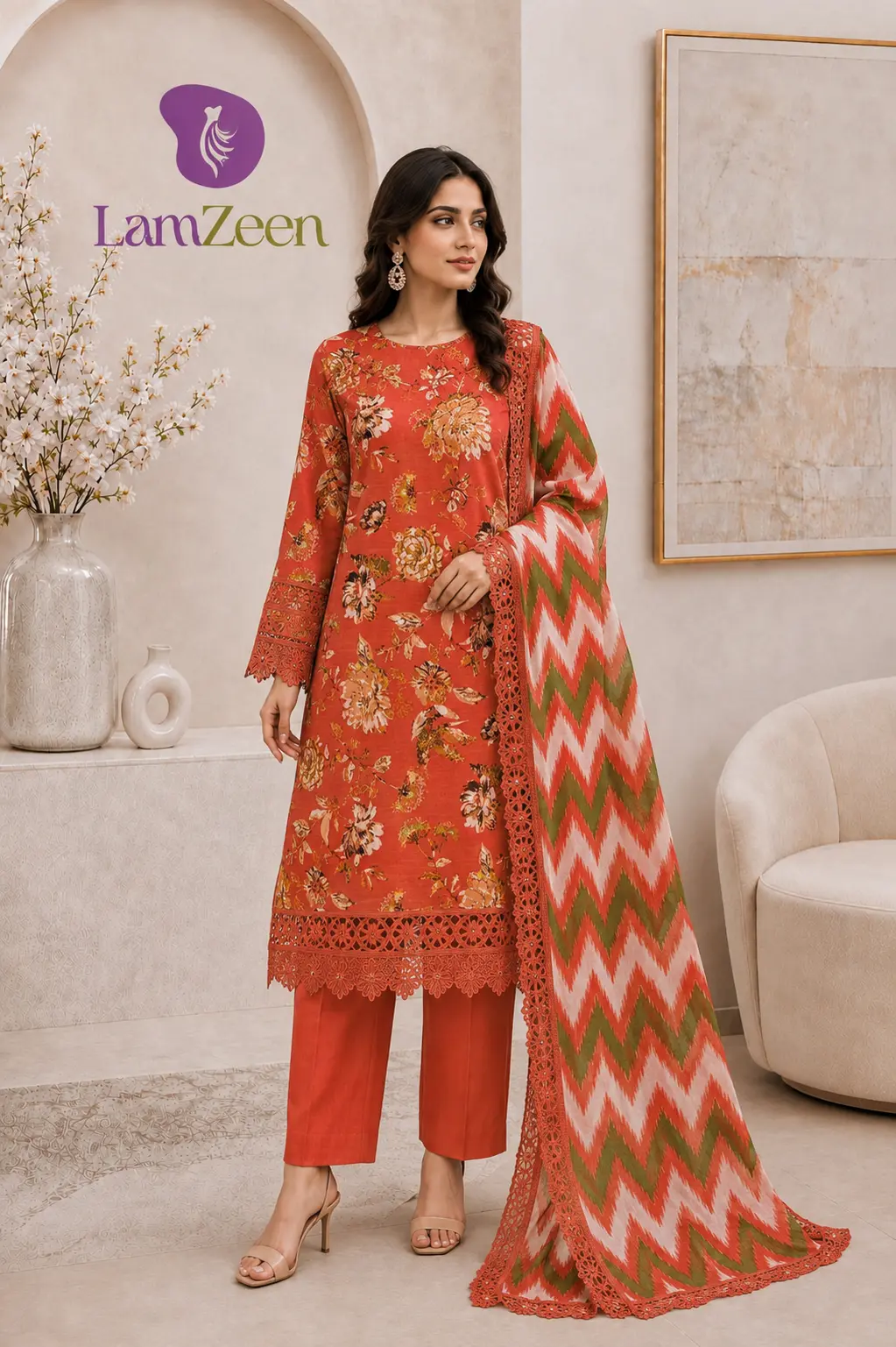 Rust Orange Floral Lawn 3 Piece Unstitched Suit with Chevron Lawn Dupatta | LamZeen