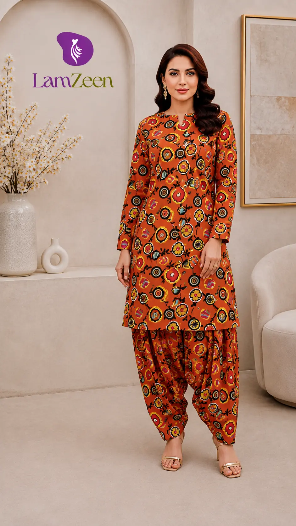 Rust Orange Printed Pure Lawn 2 Piece Unstitched Suit 5 Meter | LamZeen