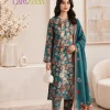 Teal floral printed linen unstitched 3-piece suit with contrasting rust border dupatta for women