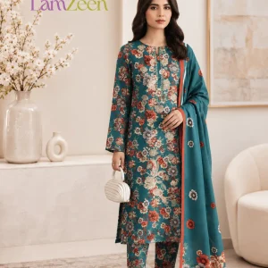 Teal floral printed linen unstitched 3-piece suit with contrasting rust border dupatta for women