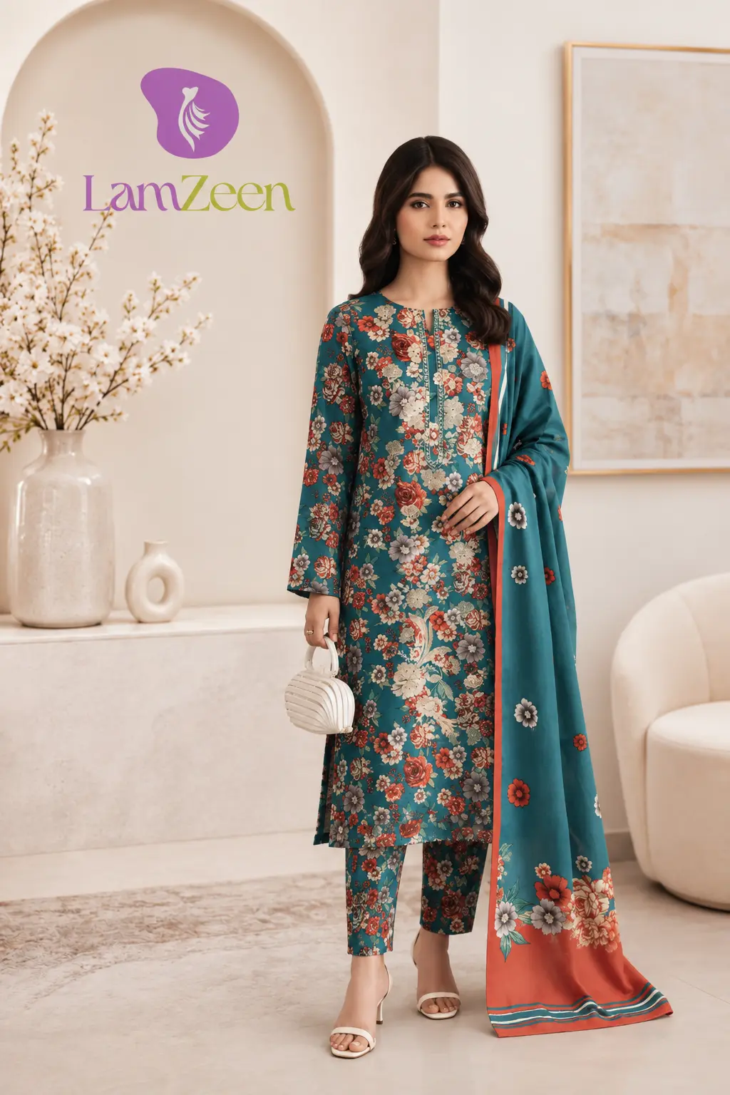 Teal floral printed linen unstitched 3-piece suit with contrasting rust border dupatta for women
