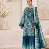 Teal and ivory floral printed linen unstitched 3-piece suit with ombre trouser and dupatta
