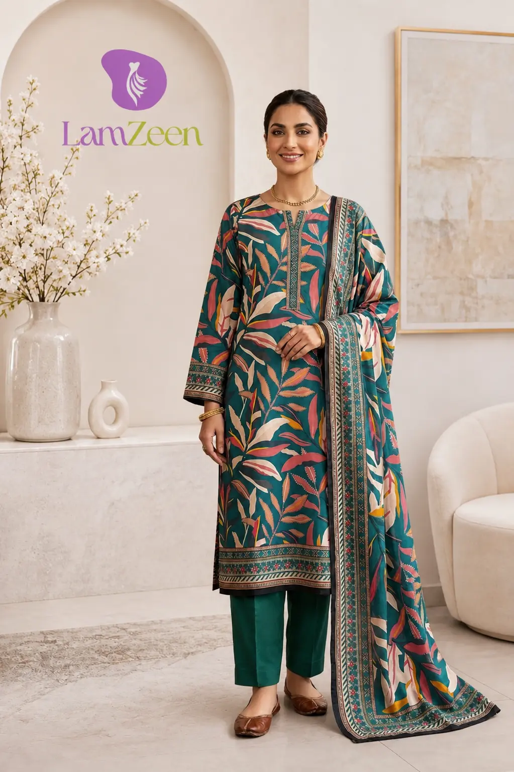 Teal Tropical Leaf Doria Lawn 3 Piece Unstitched Suit with Lawn Dupatta | LamZeen