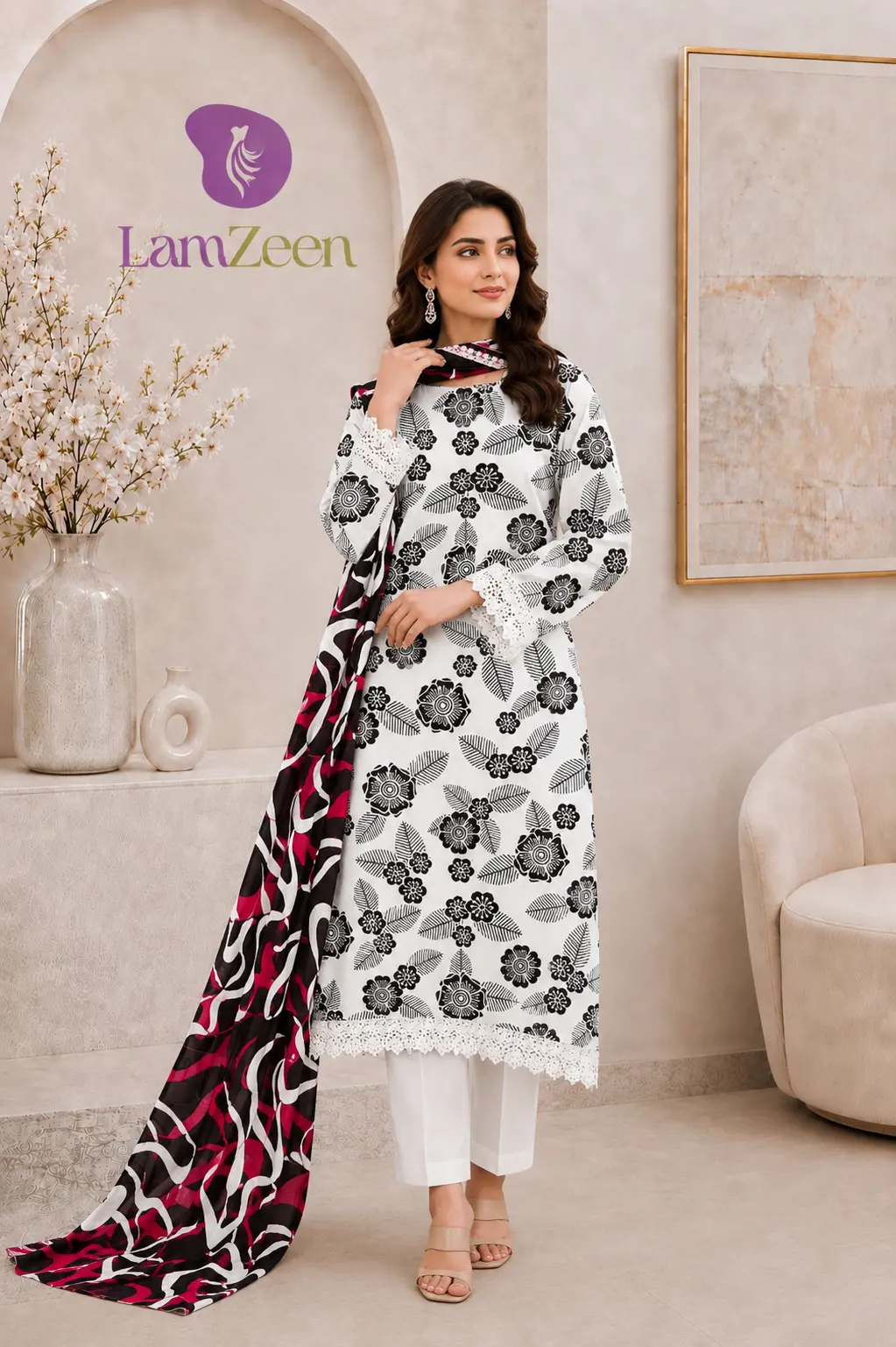 White Black Floral Lawn 3 Piece Unstitched Suit with Printed Lawn Dupatta | LamZeen