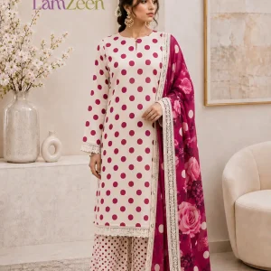 White Magenta Polka Dot Lawn 3 Piece Suit | LamZeen