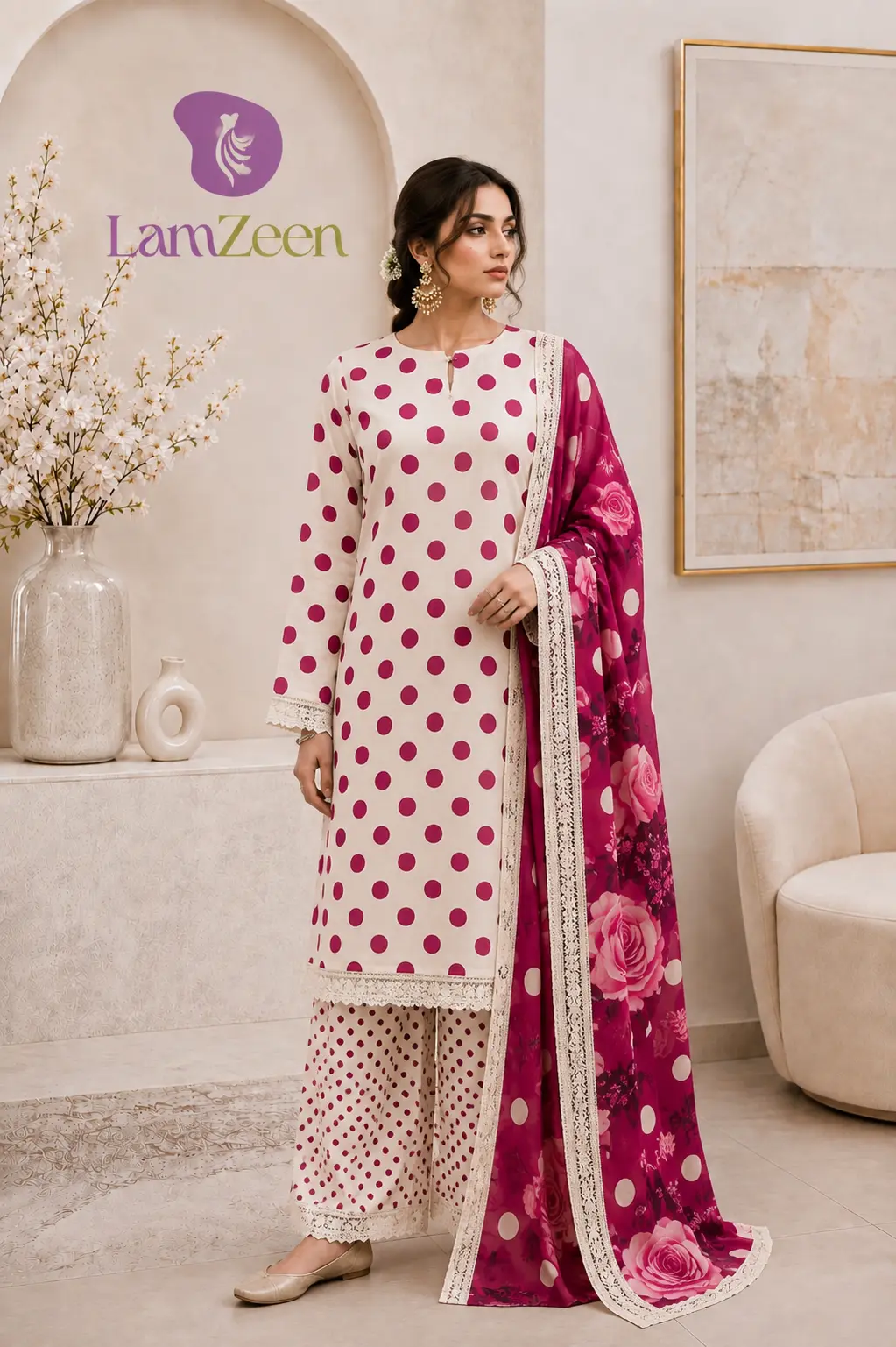 White Magenta Polka Dot Lawn 3 Piece Suit | LamZeen