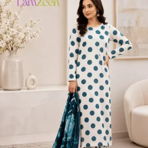 White Peacock Blue  Polka Dot Lawn 3 Piece Suit | LamZeen