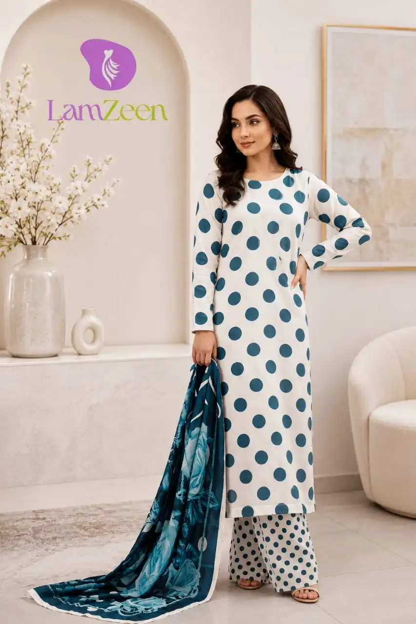 White Peacock Blue Polka Dot Lawn 3 Piece Suit | LamZeen