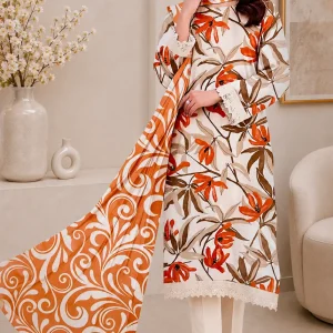 White Orange Floral Lawn 3 Piece Unstitched Suit with Printed Lawn Dupatta | LamZeen