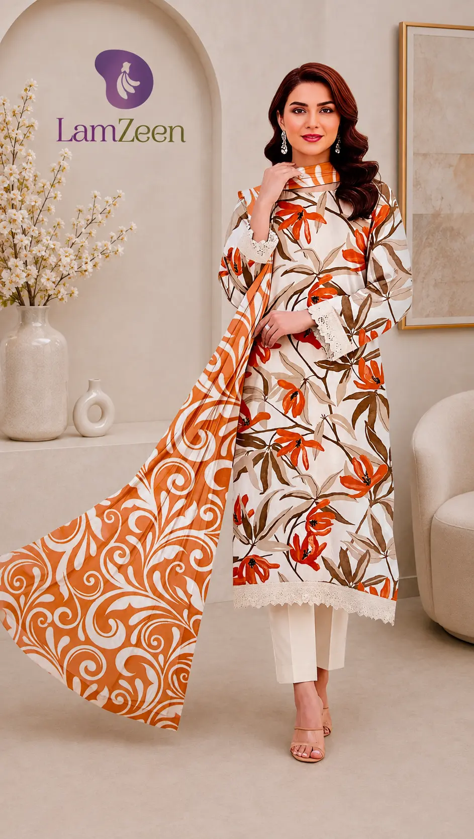 White Orange Floral Lawn 3 Piece Unstitched Suit with Printed Lawn Dupatta | LamZeen