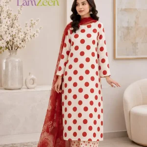 White Orange Polka Dot Lawn 3 Piece Unstitched Summer Suit