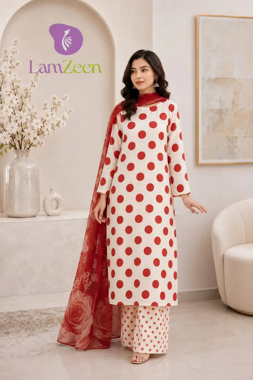 White Orange Polka Dot Digital Printed Lawn 3 Piece Unstitched Suit with Floral Digital Printed Voile Dupatta