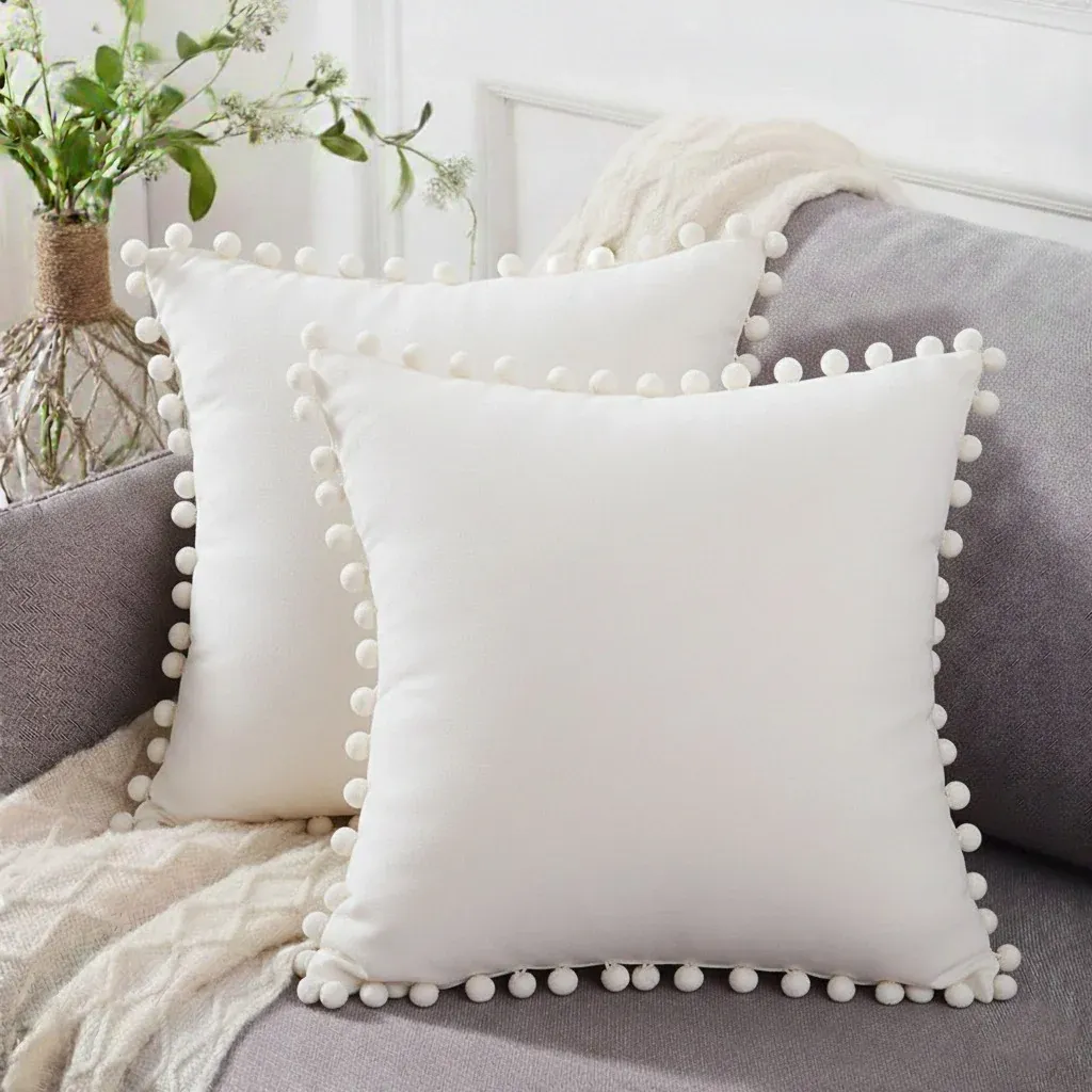 White Pack of 2 Pom Pom Lace Cushions 18×18 Inches lamzeen Pack of 2 pom pom lace cotton cushion covers 18x18 inches with optional filling