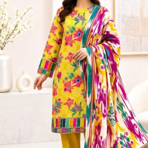 Yellow Floral Doria Lawn 3 Piece Suit with Printed Ikat Lawn Dupatta | LamZeen