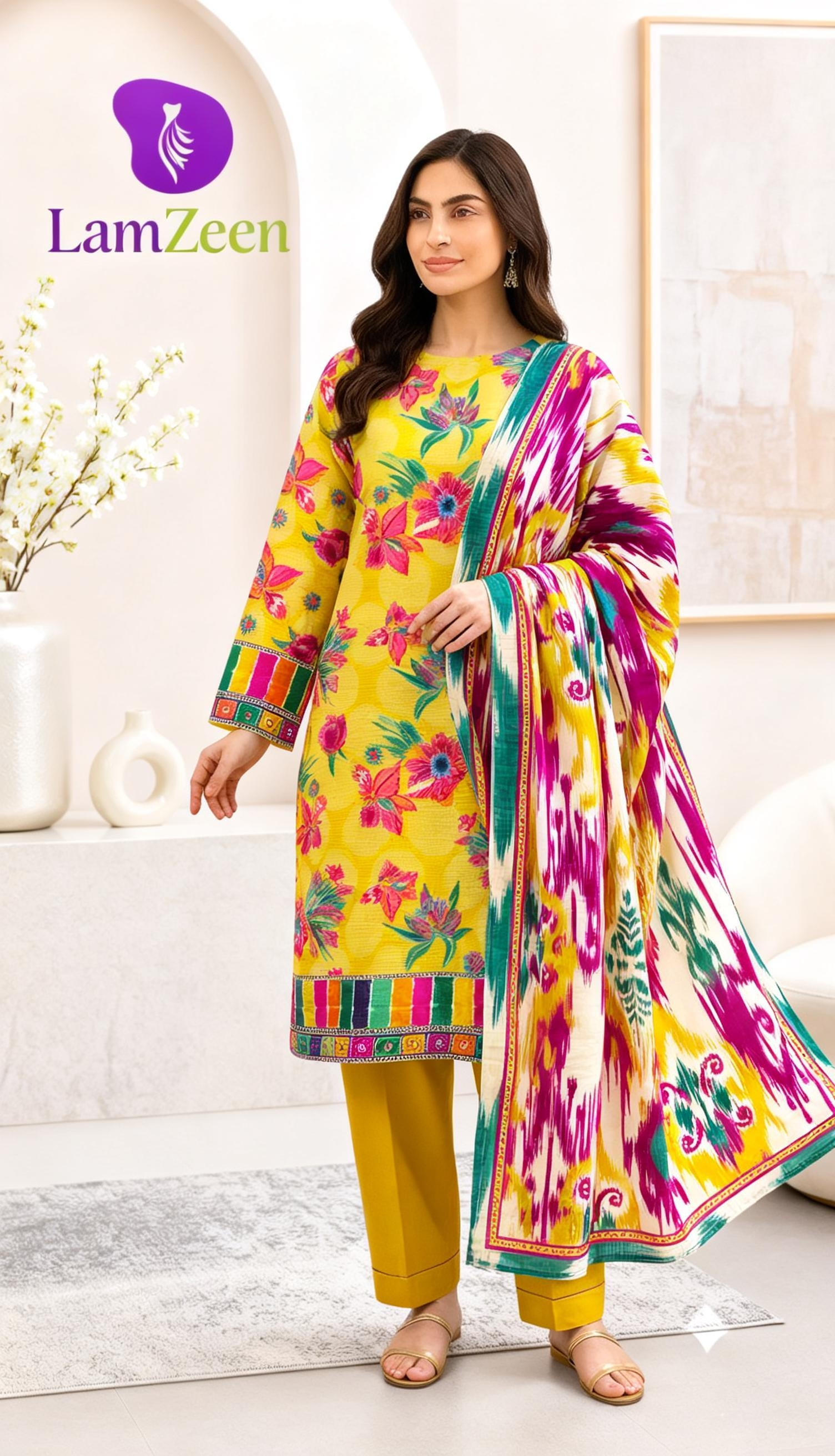 Yellow Floral Doria Lawn 3 Piece Suit with Printed Ikat Lawn Dupatta | LamZeen
