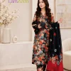 Black red embroidered linen 3 piece unstitched suit by Lamzeen
