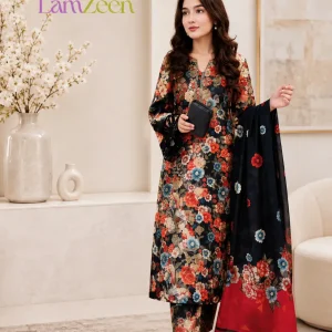 Black red embroidered linen 3 piece unstitched suit by Lamzeen