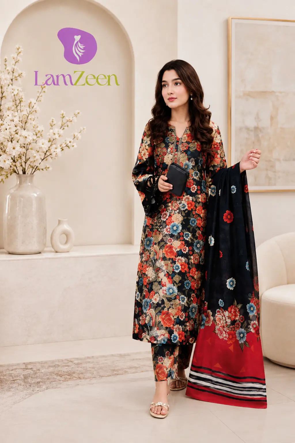 Black red embroidered linen 3 piece unstitched suit by Lamzeen