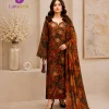 Brown Floral Printed Linen 3 Piece Suit with Printed Dupatta and Unstitched Trouser by LamZeen