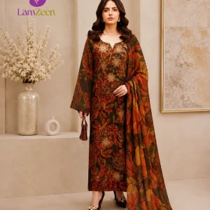 Brown Floral Printed Linen 3 Piece Suit with Printed Dupatta and Unstitched Trouser by LamZeen