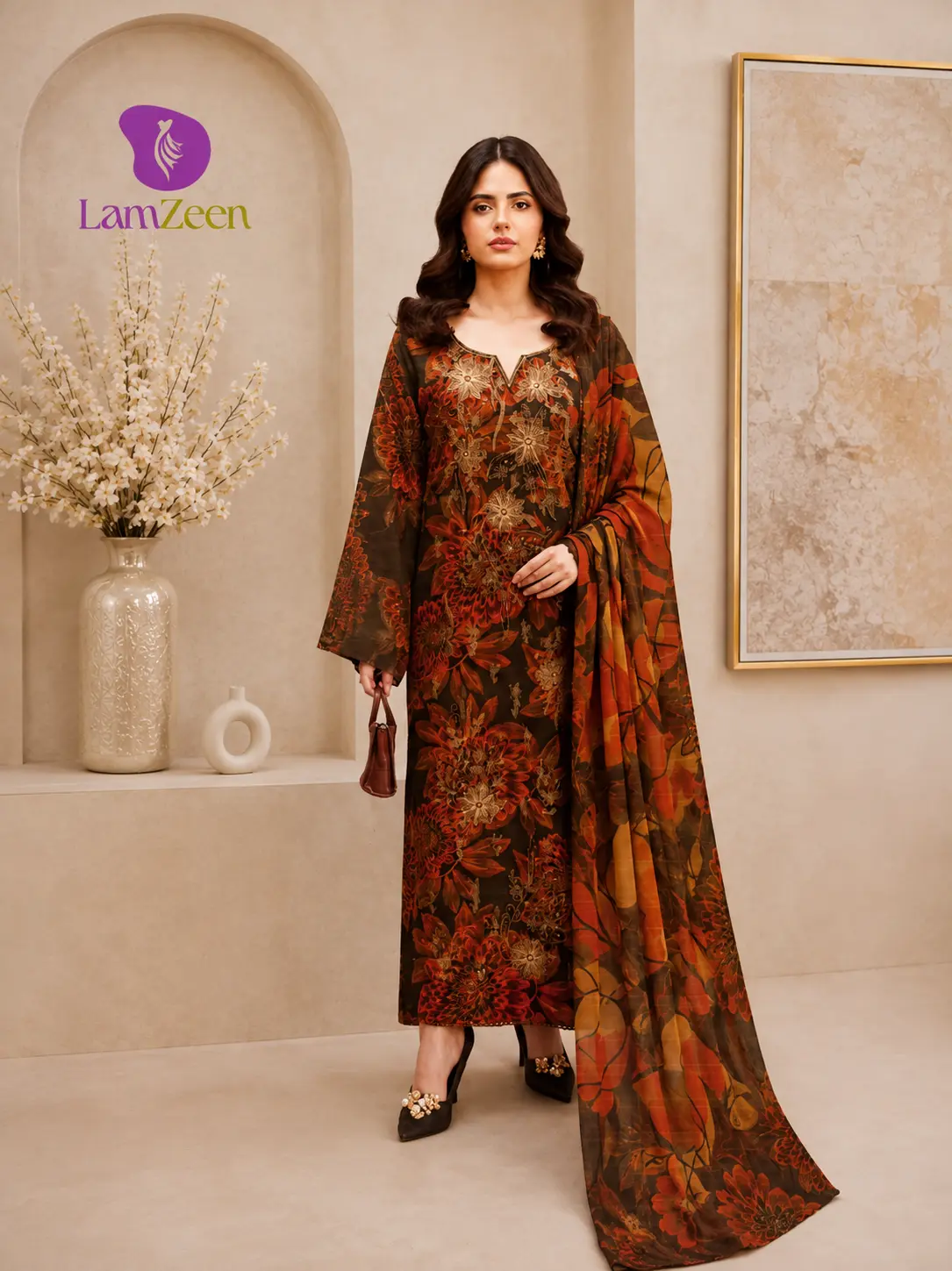 Brown Floral Printed Linen 3 Piece Suit with Printed Dupatta and Unstitched Trouser by LamZeen