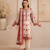 Off-White Red Embroidered Linen 3-Piece Suit with Printed Linen Dupatta & Dyed Trouser | LamZeen