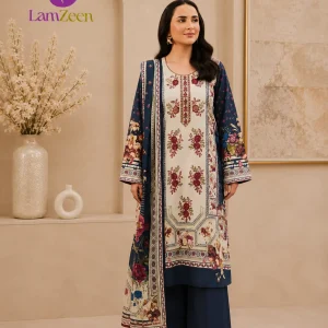 Navy Blue Embroidered Linen 3 Piece Suit with Printed Dupatta by LamZeen