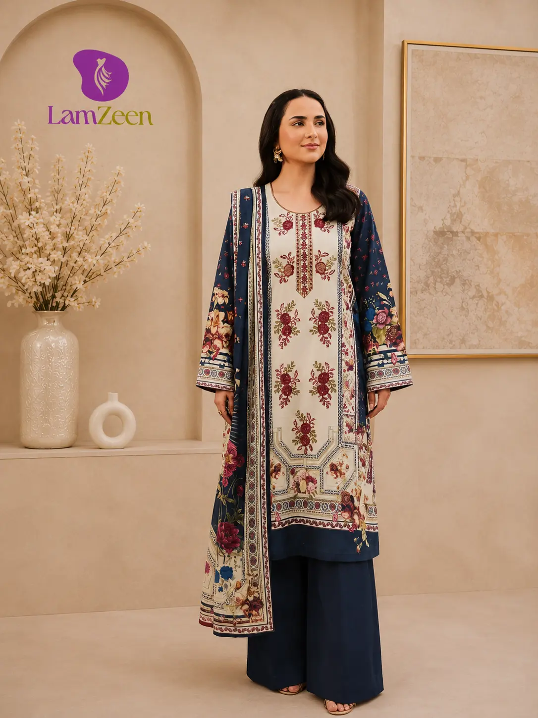 Navy Blue Embroidered Linen 3 Piece Suit with Printed Dupatta by LamZeen